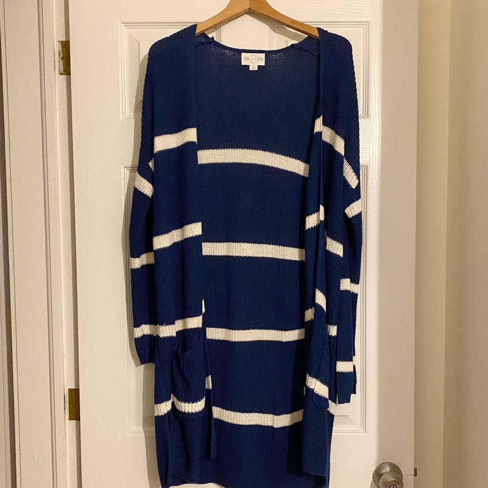 Francescas’s Striped Navy Knit Long Cardigan L